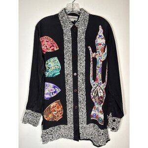Vintage Diane Von Furstenberg Silk Asian Chinoiserie Teacup Button-Up Top XS